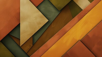 A high-definition abstract background showcasing geometric patterns with earthy tones. Terracotta, olive green, rust orange, and mustard yellow shapes