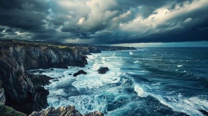 Obraz premium Dramatic Stormy Seascape with Dark Clouds and Waves Crashing Against the Coast.