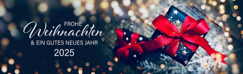 Christmas greeting card with text in German - Frohe Weihnachten means Merry Christmas and Happy New Year 2025 - Gift box with red bow and bokeh lights