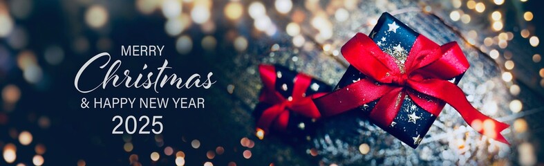 Christmas Card - Merry Christmas and Happy New Year 2025 - Beautiful gift box and golden bokeh lights © S.H.exclusiv