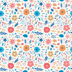 Pretty rustic seamless botany pattern design. Vintage floral colorful background. Boho style little flowers ornate backdrop with leaves and branches. EPS 10 vector illustration.