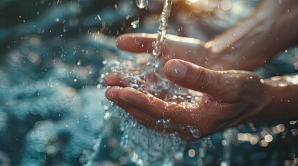 Fototapeta premium Close-up shot of water pouring into hands blurred background