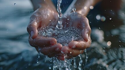Fototapeta premium Close-up shot of water pouring into hands blurred background