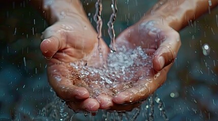 Fototapeta premium Close-up shot of water pouring into hands blurred background