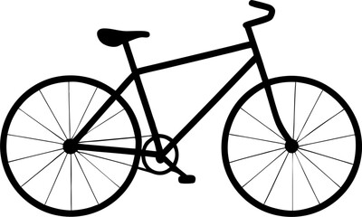 A black silhouette of a bicycle with a simple design is isolated on a white background.