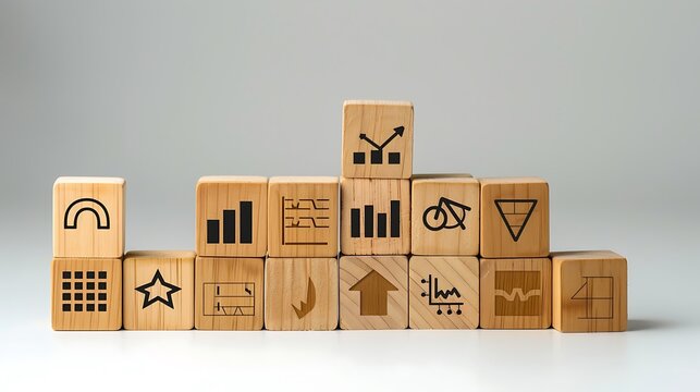 Innovative Business Icons in Wooden Boxes Charting Growth