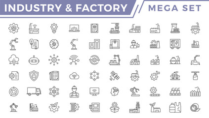 Industry & Factory icon set. Container, crane, machine, monitor, barrel, generator, truck, danger, energy, security helmet, conveyor belt siren vector icon