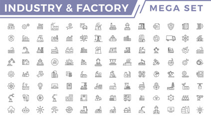 Industry & Factory icon mega set. Container, crane, machine, monitor, barrel, generator, truck, danger, energy, security helmet, conveyor belt siren vector icon