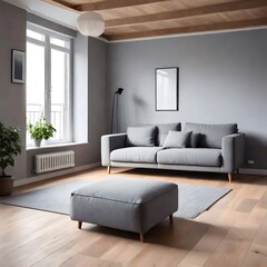 Fototapeta premium Comfortable grey sofa on wooden heated floor, empty modern living room with contemporary interior design. Apartment for rent, renovation decoration concept.