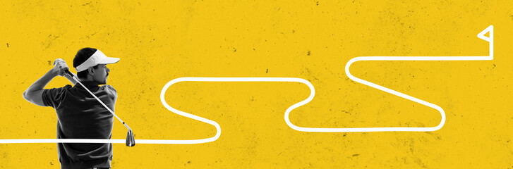 Black and white image of male golfer in motion, playing against abstract yellow background symbolizing filed. Contemporary art collage. Concept of sport, competition, motivation, dynamics. Ad