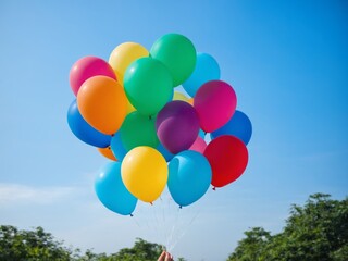 Colorful balloons against in blue sky in summer holidays