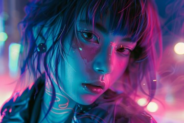 Futuristic portrait bathed in neon blue and pink lights, cyberpunk aesthetic.