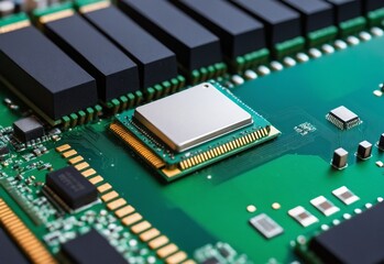 Obraz premium closeup on an advanced GPU ram microchip or cpu of a powerful computer board for artificial intelligence technology
