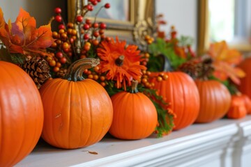 Thanksgiving pumpkin decorations placed on a mantelpiece or tabletop.