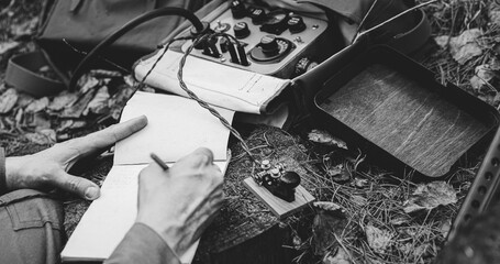 Russian Soviet Infantry Red Army Soldier In World War II using Russian Soviet Portable Radio...