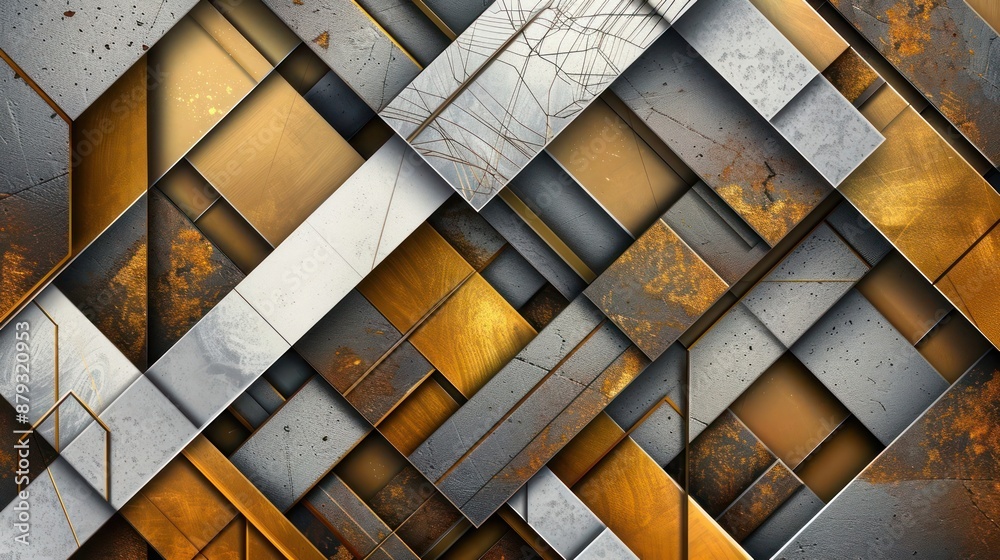 Fototapete A high-definition abstract background showcasing geometric patterns with metallic accents. Gold, silver, and copper shapes are arranged in a visually sophisticated and glamorous design