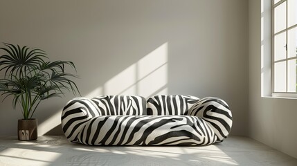 a zebra print sofa in the middle of a cozy minimalist room in soft light gray tones. Scandinavian loft style. copy space