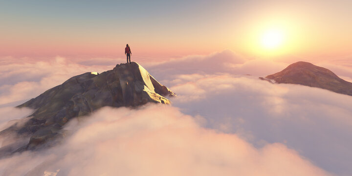 A man standing on a stone cliff over the clouds .Success concept.