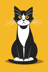 Fototapeta premium Cartoon tuxedo cat with a white chest and white paws sitting on a yellow background