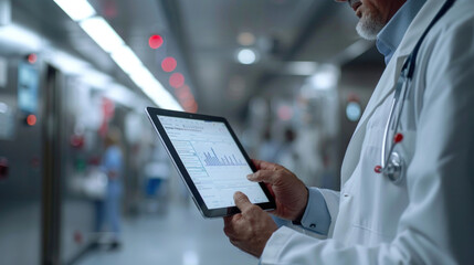 A tablet displaying detailed medical data and patient charts, held by a doctor in a white coat, in a modern hospital room.