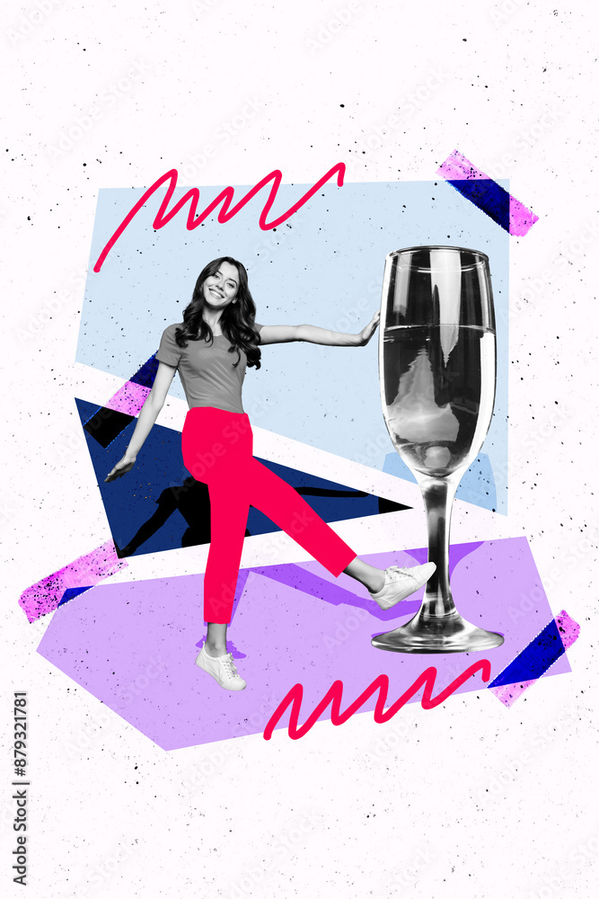 Wall mural Vertical photo collage of funky girl dance big champagne glass alcohol drink party friday occasion relax isolated on painted background