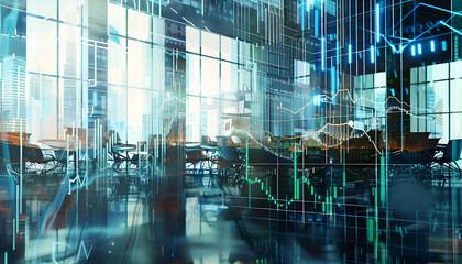 Multi exposure of financial graph drawing and office interior background. Concept of market analysis