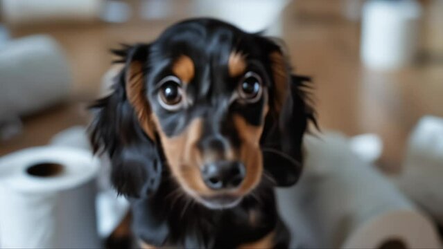 Portrait of a dog making chaos in the apartment. The concept problem of growing up a puppy and boredom during loneliness at home