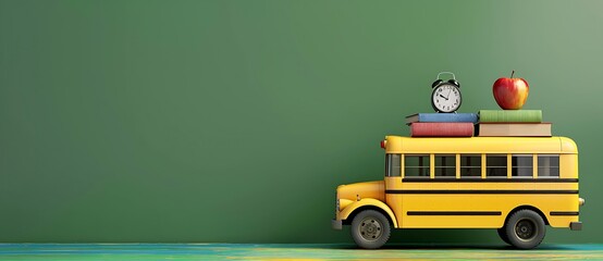 A school bus with books, an alarm clock, and an apple on top sits on a green background with copy space for text. A banner with an empty place hangs in front. 
