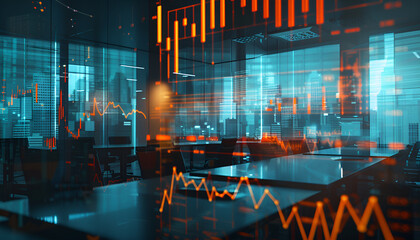 Multi exposure of financial graph drawing and office interior background. Concept of market analysis
