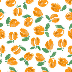 Crayon drawing apricots seamless pattern in trendy minimal style.Fruit hand drawing pattern with apricots for print, textile,paper,cover,packaging, product design.Summer chalk patsel background.Vector