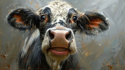 A highly detailed digital illustration of a black and white cow, highlighting its expressive face and realistic brushstroke technique against a mixed color background.