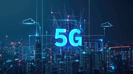 A vibrant cityscape with a glowing 5G symbol, illustrating the integration of 5G technology in urban environments for faster connectivity