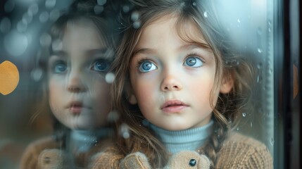 A young girl with long hair and braids in a cozy sweater, gazing through a rainy window, capturing a warm and serene indoor atmosphere with reflections of lights.