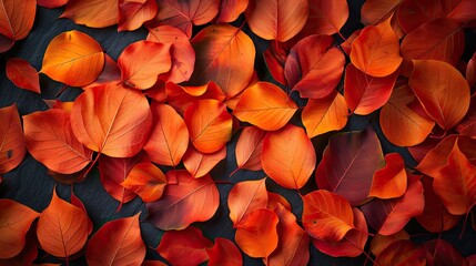 An overhead view of vibrant red and orange autumn leaves scattered on a dark surface, showcasing the beauty of fall foliage