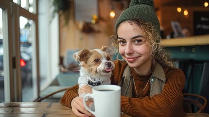 A person in warm attire, including a beanie and wool sweater, sits in a cafe holding their dog, creating a comforting scene enhanced by the rainy weather outside.