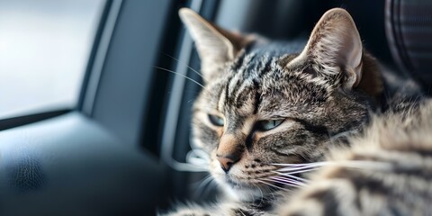 A Cat in Distress Trapped Inside a Car. Concept Cat rescue, Emergency response, Animal safety tips, Pet welfare awareness, Car interior exploration