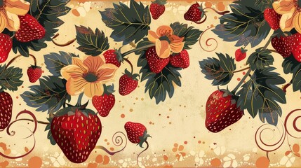 Hand drawn vertical floral pattern with strawberries leaves spirals and room for text