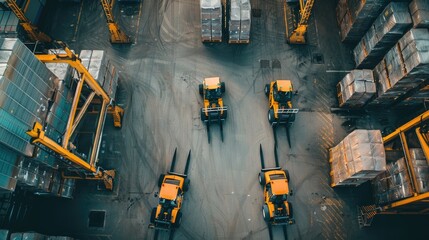 Obraz premium Forklifts in warehouses and delivery ships. Logistics. Transportation.