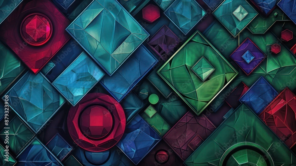Fototapete A luxurious abstract design with geometric patterns highlighted in deep jewel tones. 