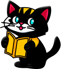 Black cat reading a yellow book on transparent background 