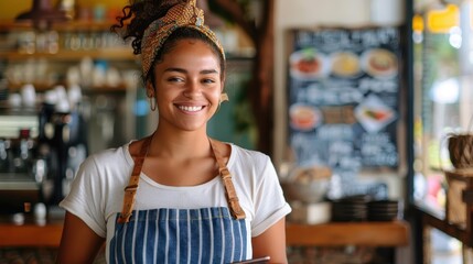 A barista wearing a patterned headscarf and striped apron stands at a vibrant cafe counter, prepared to serve customers. Bright menu boards and decorations adorn the background.