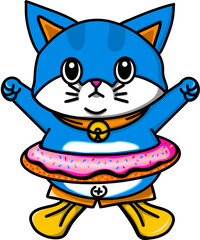 A blue kitten wears flippers and a rubber ring to go to the beach, transparent background.