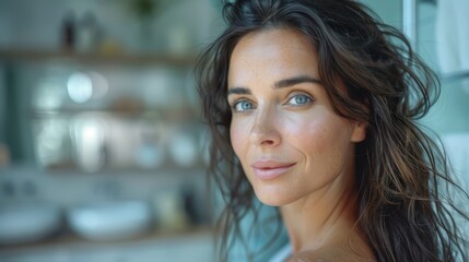 A woman with tousled hair is seen looking sideways in a bathroom setting, capturing a natural and relaxed moment. The image emphasizes her casual and effortless beauty.