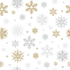 Vector seamless winter pattern with snowflake in gold and grey colors on white background