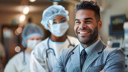 A group of healthcare professionals, including a doctor and surgeons, stand together in a hospital setting, displaying teamwork and readiness in a modern medical facility.