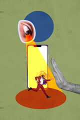 Vertical poster collage young gentleman run escape eyesight peek espionage cyber privacy...