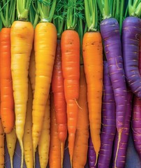 A vibrant photo of colorful carrots in various shades of orange, purple, and yellow