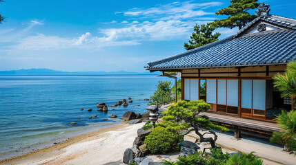 Obraz premium A Korean-style beachfront resort next to the sea with bright blue waters. Ai generate.