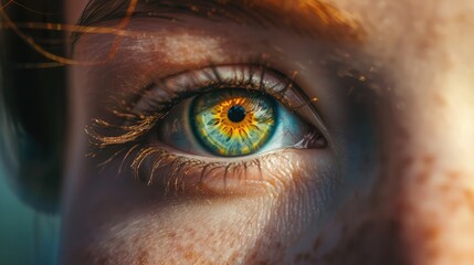 Girl is eye close-up  natural. Dilated pupil. Green iris