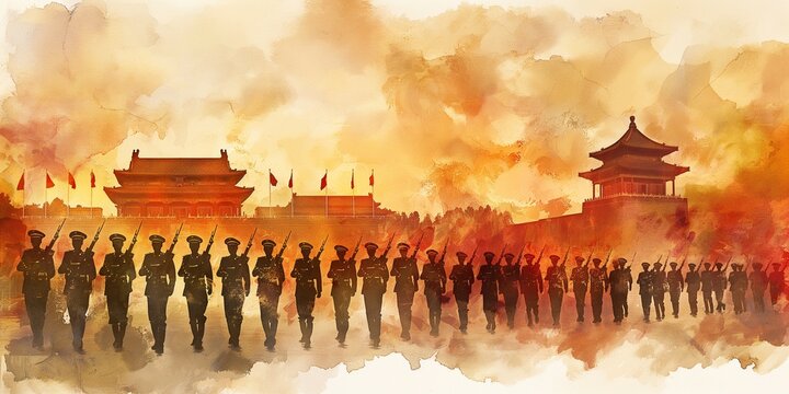 Watercolor illustration for china army day, pla day with silhouettes of soldiers.
